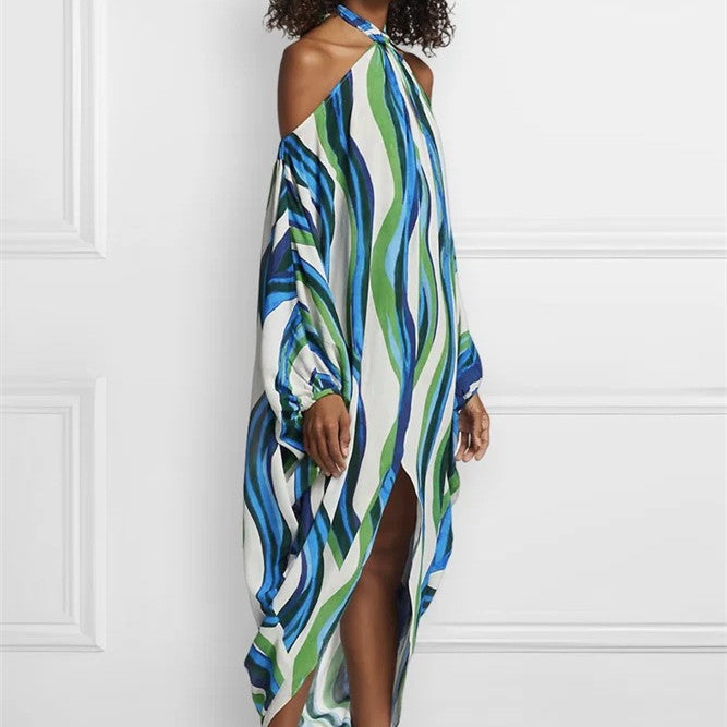 Vibrant Halter Neck Wavy Print Flowy Maxi Dress with Open Shoulder Sleeves