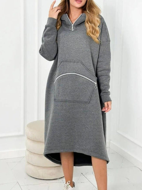 Cozy Casual Hooded Sweatshirt Dress with Zipper Detail and Pockets