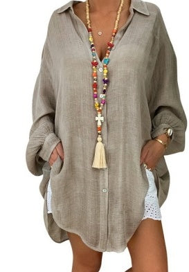 Relaxed Fit Cotton Blend Tunic Blouse - Casual Long Sleeve Shirt