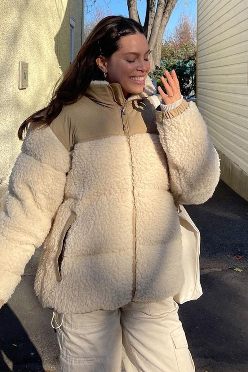 Cozy Apricot Beige Fleece Puffer Jacket with Stand Collar Warm Outerwear