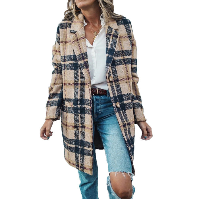 Chic Women's Plaid Long Coat - Loose Fit Checkered Outerwear