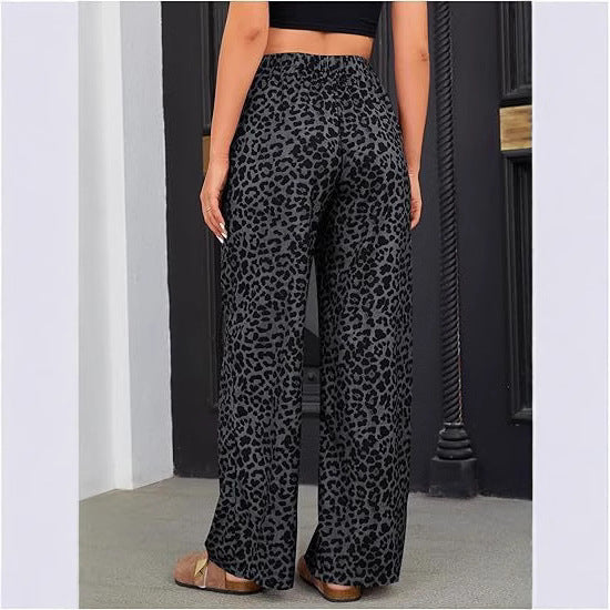 Chic Leopard Print Elastic Waist Wide Leg Trousers for Effortless Style