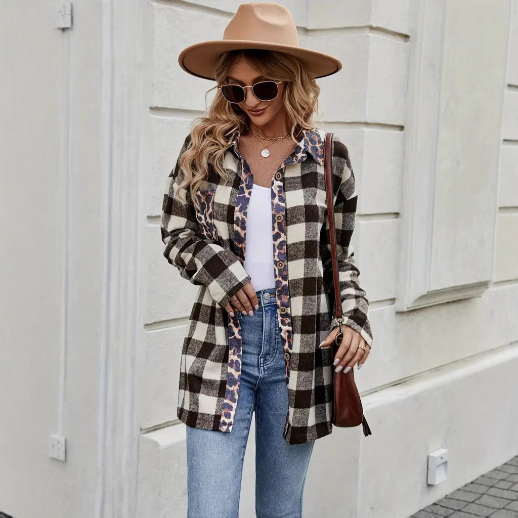 Stylish Oversized Plaid Long Sleeve Cardigan Shirt with Leopard Trim