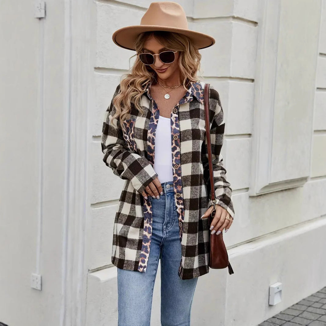 Stylish Oversized Plaid Long Sleeve Cardigan Shirt with Leopard Trim