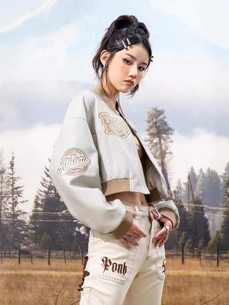 Street Style Cropped Bomber Jacket with Vintage Embroidered Lettering