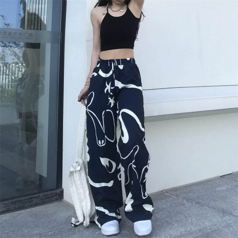 Vintage Graffiti Print Loose Wide-Leg Pants
