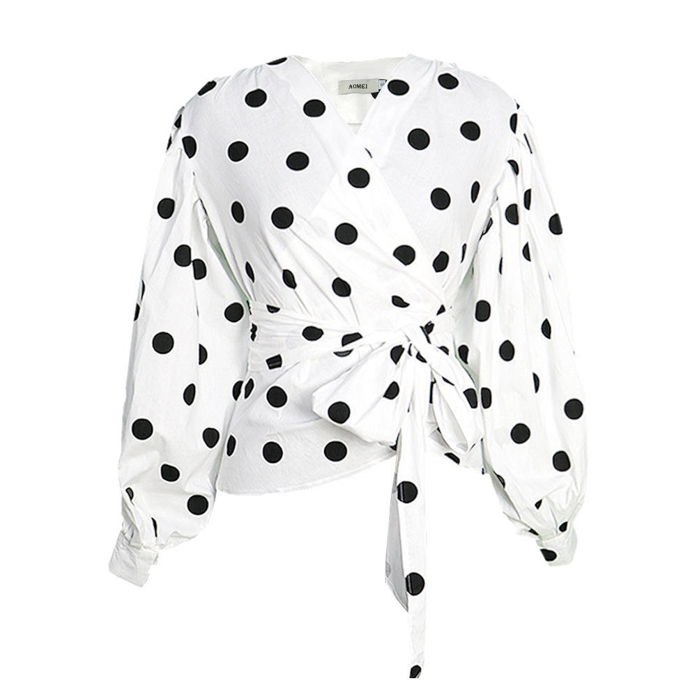 Chic Polka Dot Wrap Blouse with Puff Sleeves - Women's Long Sleeve Top