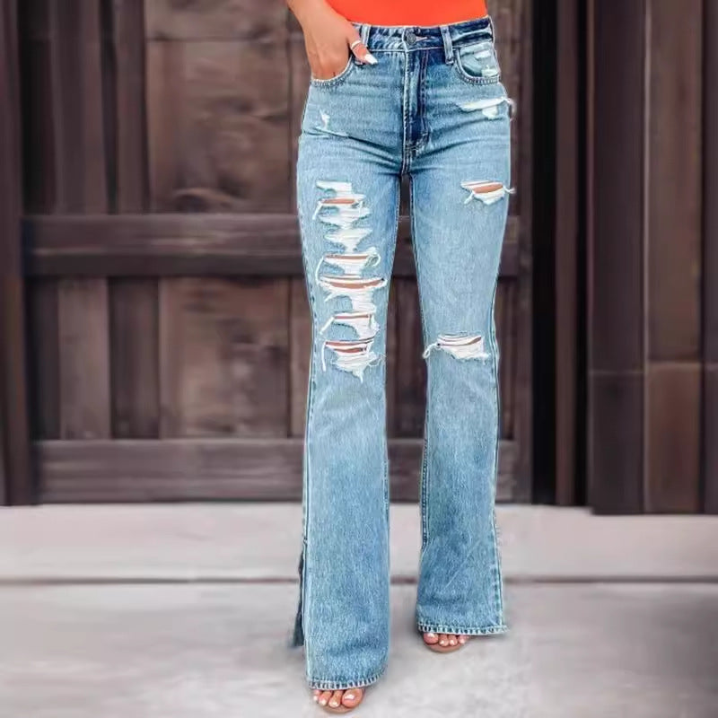 Trendy High Waist Ripped Split Hem Flare Jeans