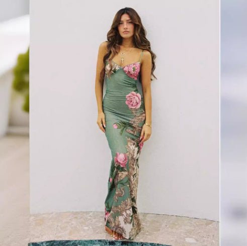 Elegant Floral Maxi Slip Dress - V-Neck Backless Summer Style