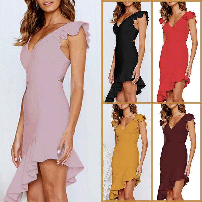 Elegant V-Neck Ruffle Sleeveless Mini Dress for Women