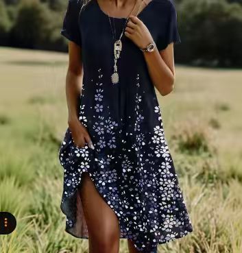 Elegant Floral Print Short Sleeve Midi Dress with A-Line Silhouette