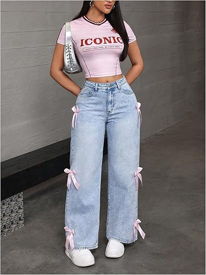 Chic Bow-Accent Straight Leg Jeans - Loose Fit Retro Denim