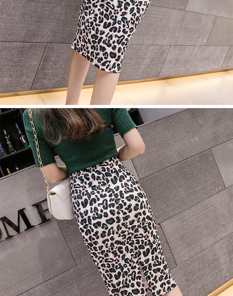 Chic Leopard Print Split Mid Length Pencil Skirt
