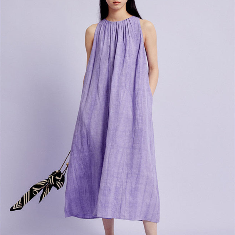 Effortless Relaxed Fit Pleated Neckline Sleeveless Midi Dress with Pockets