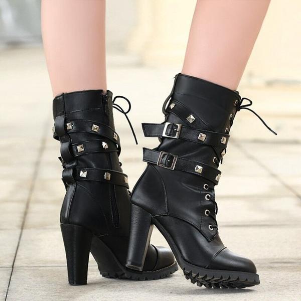 Edgy Rivet High Heel Ankle Boots - Women's Biker Style