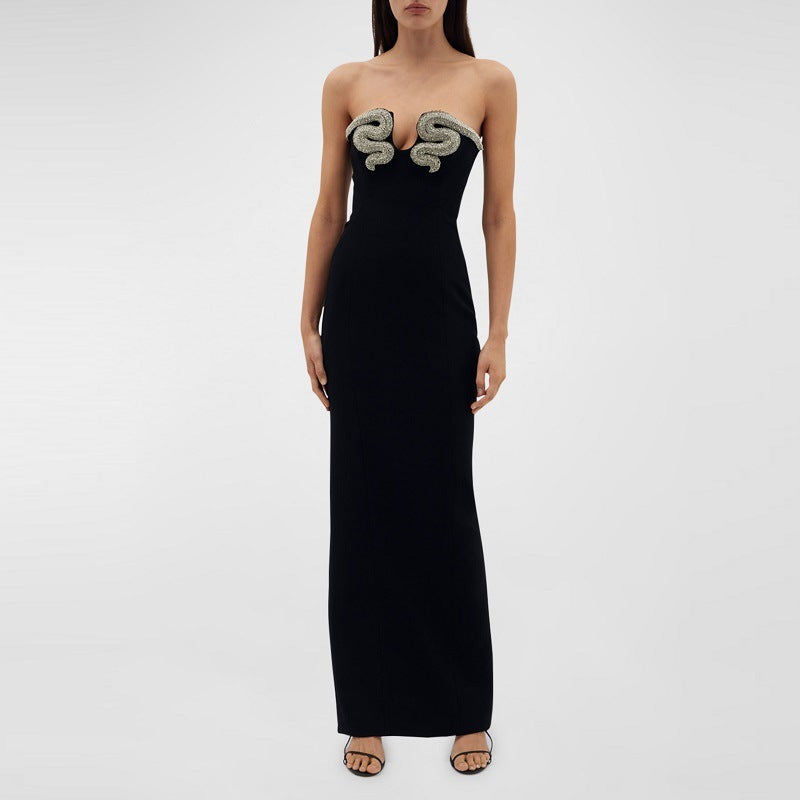 Black Strapless Rhinestone Embellished U-Neck Bodycon Maxi Dress