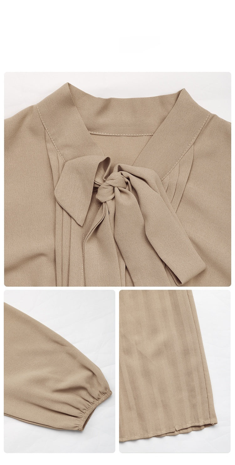 Apricot Long Sleeve Pleated Midi Dress with Elegant Bow Collar