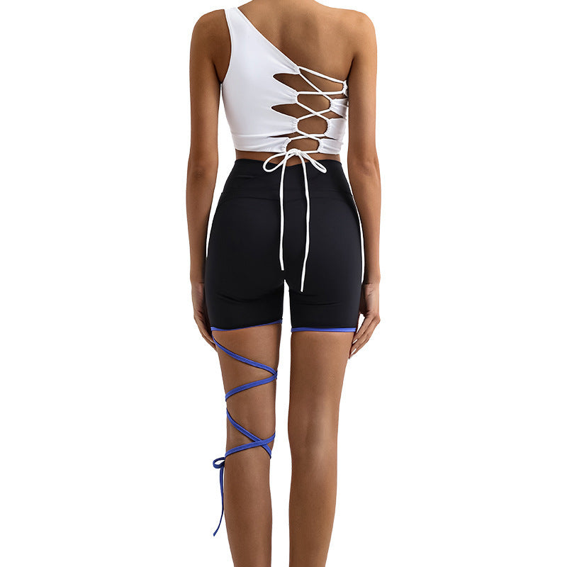 Dynamic One Shoulder Strappy Back Activewear Top and High Waisted Yoga Shorts Set