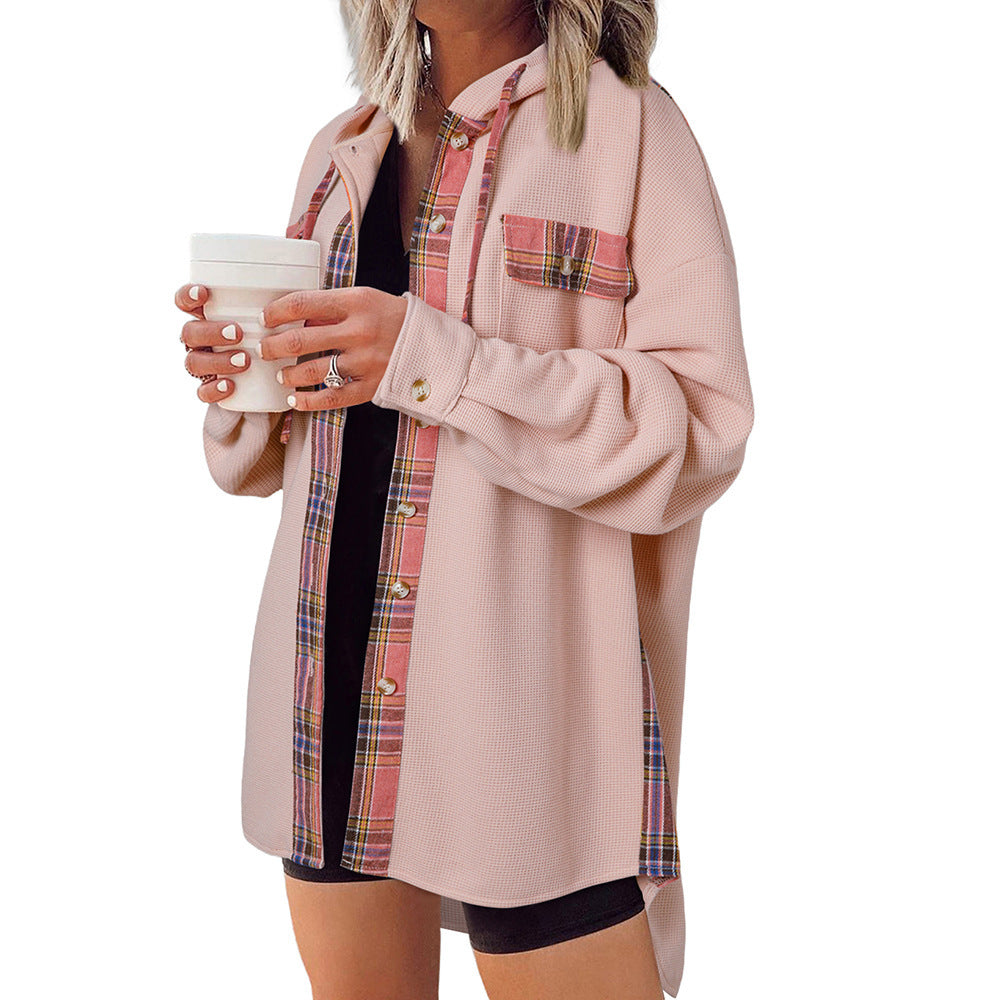 Effortless Plaid Hooded Waffle Knit Shacket for Casual Style