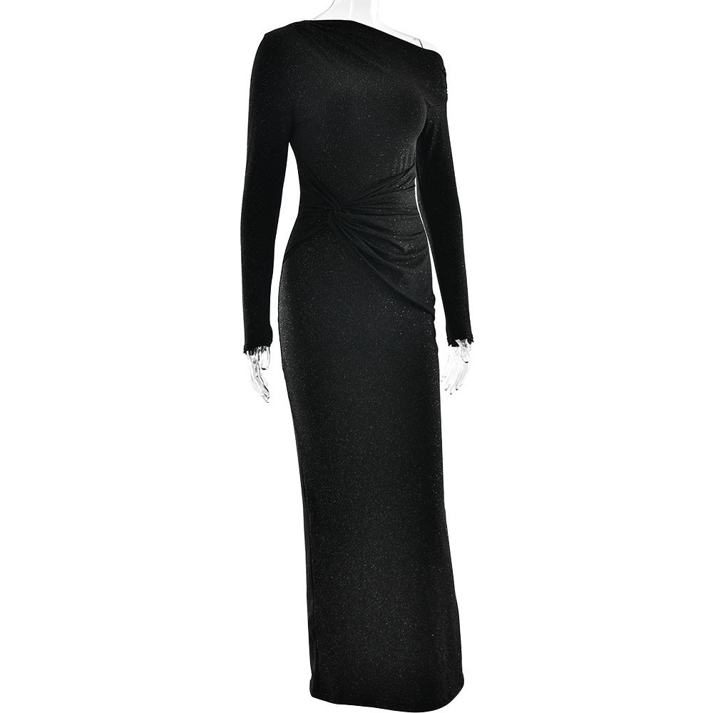 Elegant Glitter One Shoulder Long Sleeve Bodycon Party Dress