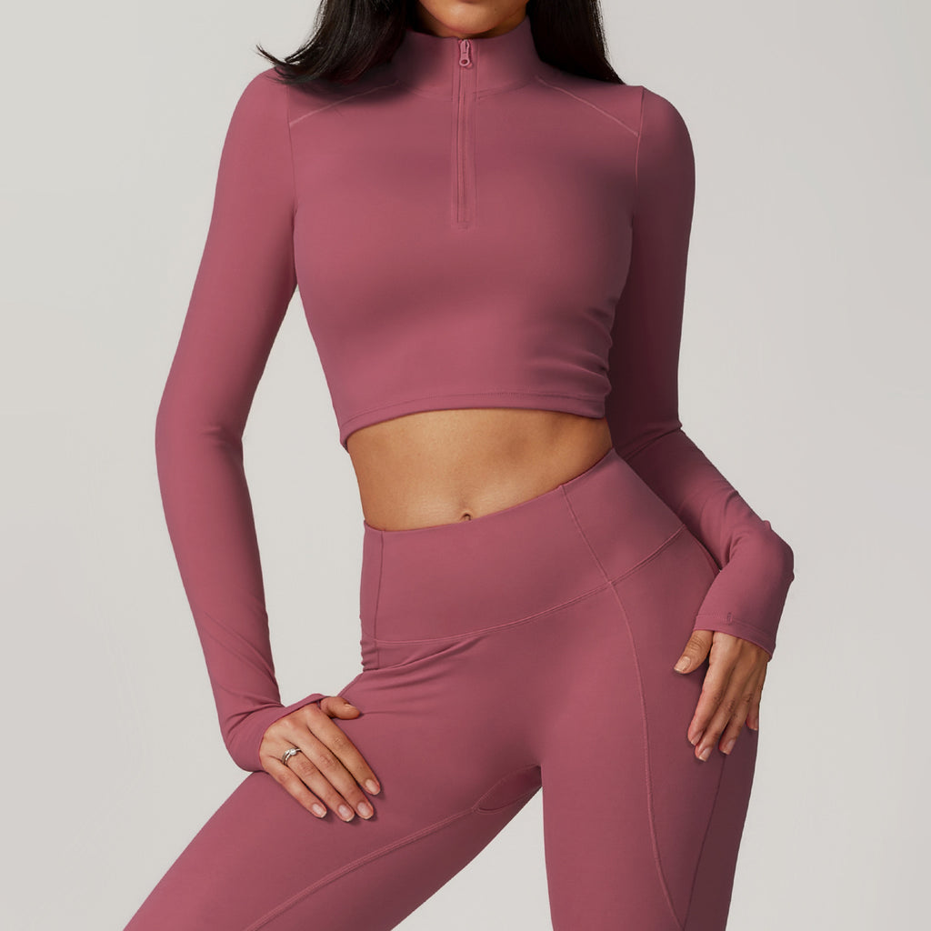 Premium Quality Quarter Zip Long Sleeve Athletic Crop Top for Women