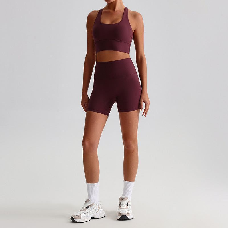 Comfortable Nylon Workout Set with Crop Top and High Waist Cycling Shorts for Women