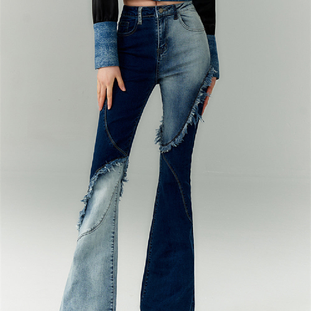 Two-Tone Flared Denim Jeans - High Waist Raw Edge