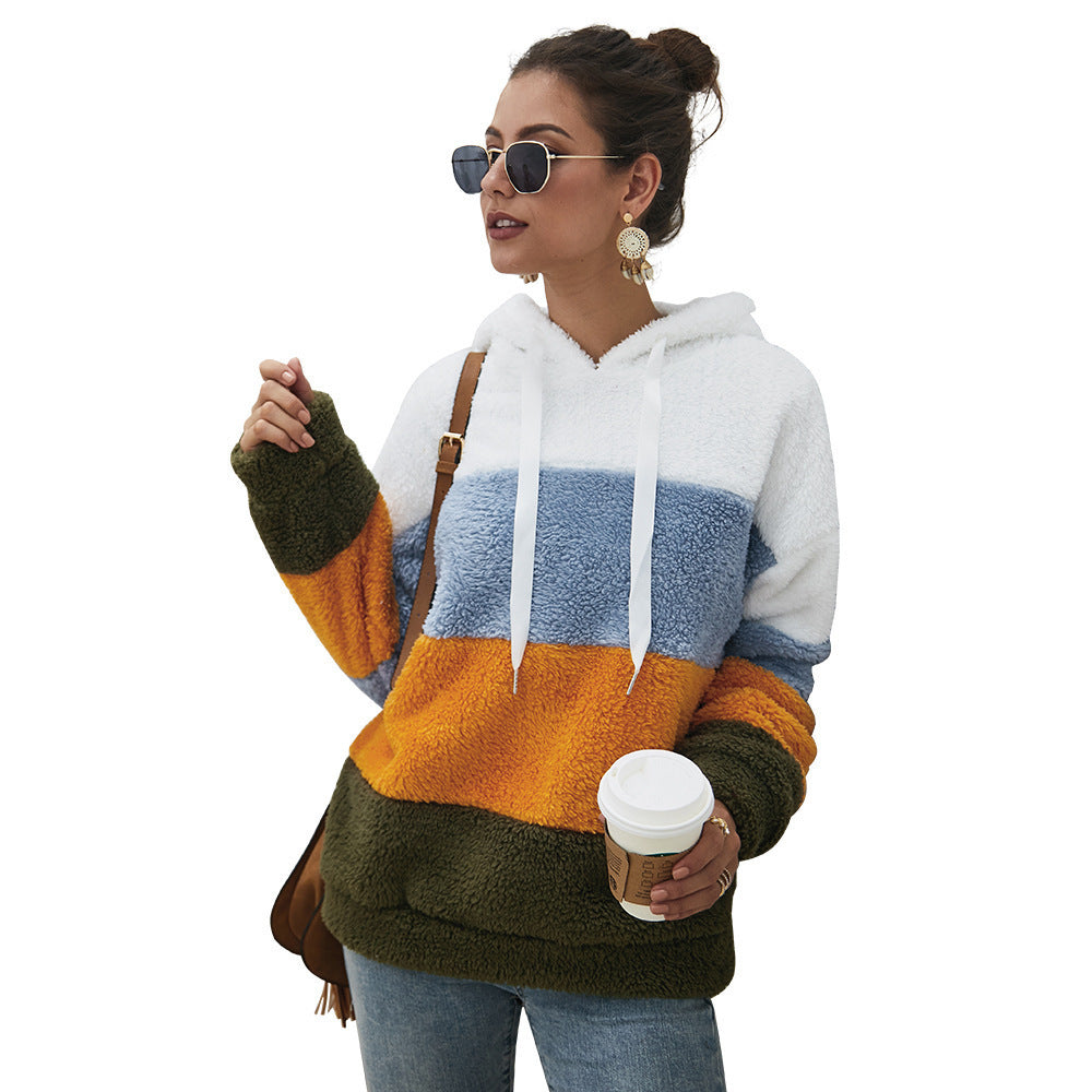 Cozy Color Block Plush Fleece Hooded Sweatshirt with Pockets
