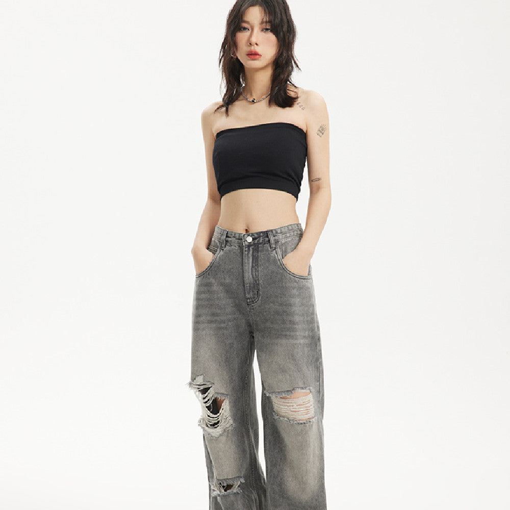 Trendy Distressed Baggy Jeans - Mid-Rise Denim