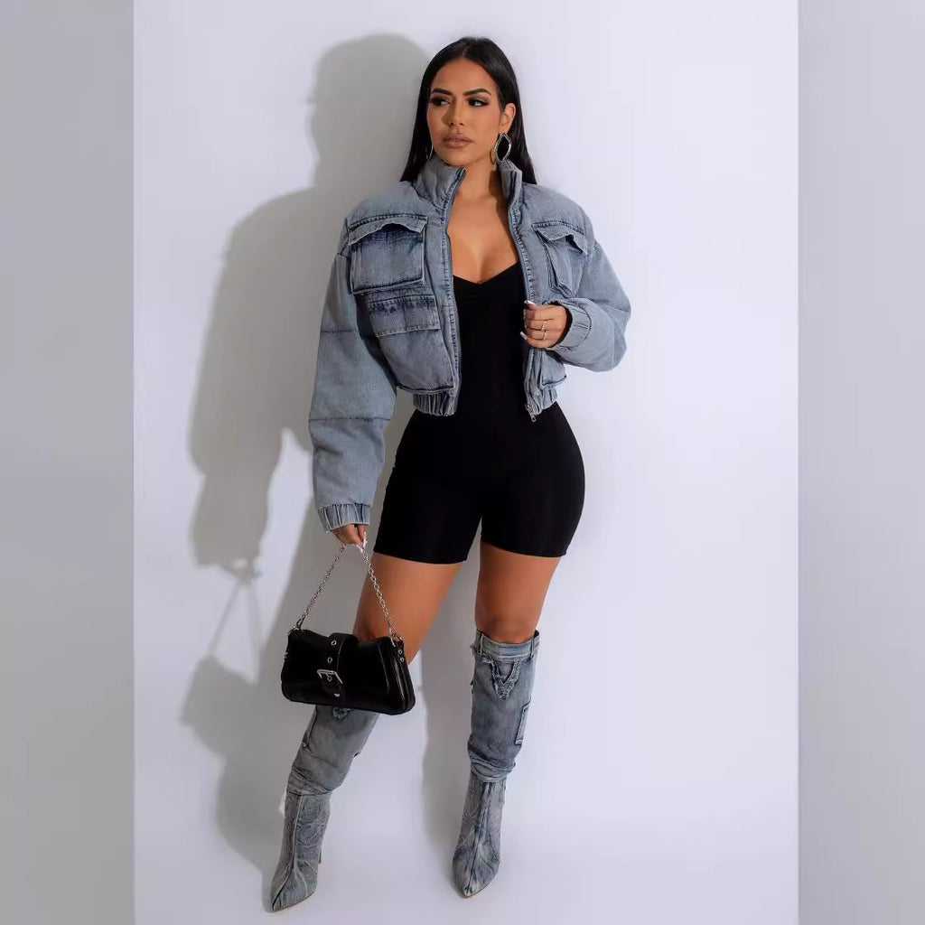 Urban Chic Padded Denim Bomber Jacket with Utility Pockets