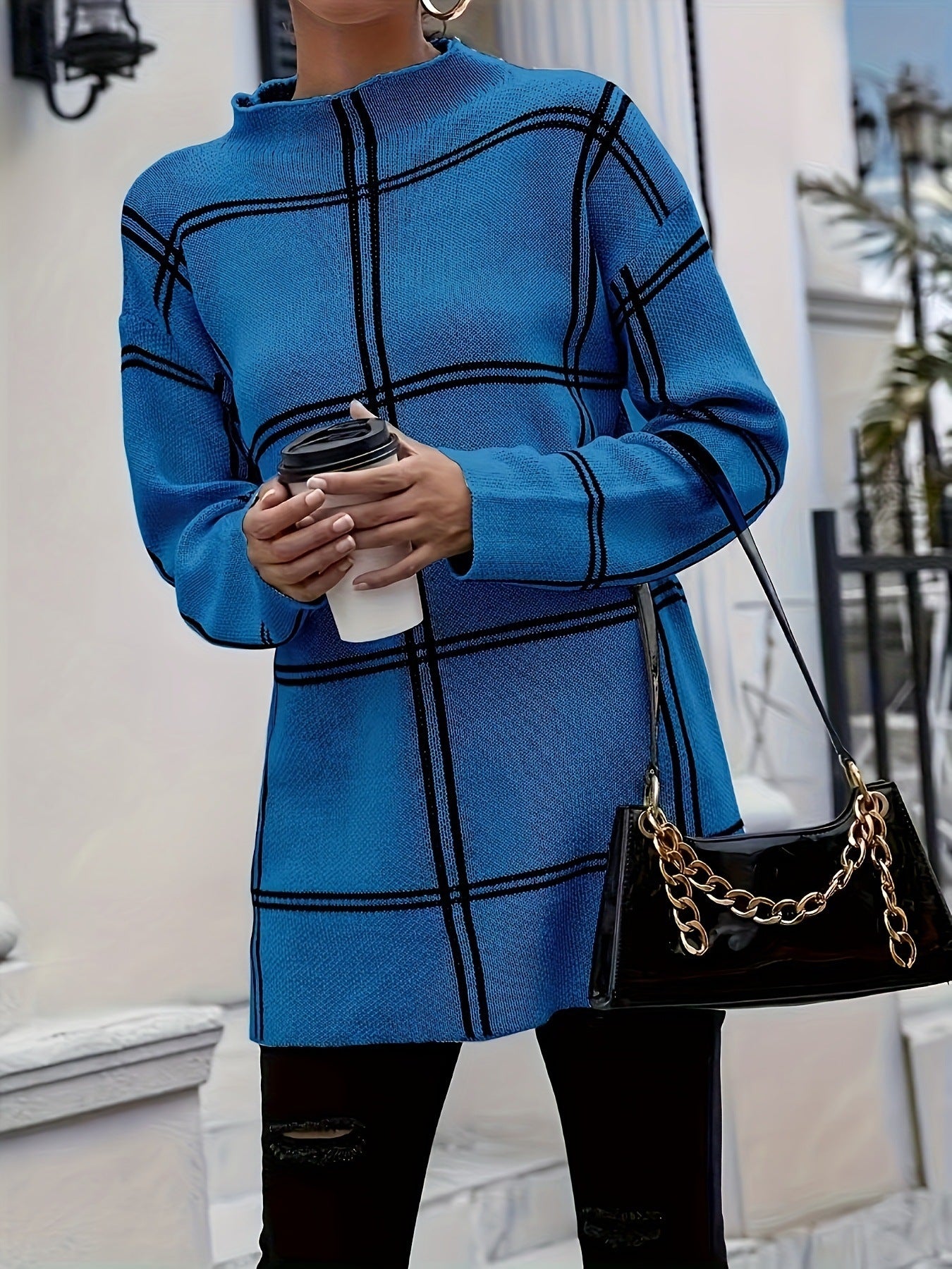 Elegant Grid Knit Mock Neck Long Sleeve Pullover Sweater Top