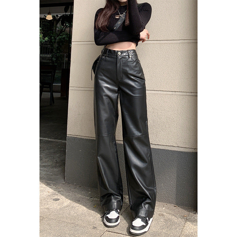 Women's High Waist Faux Leather Pants - Wide Leg Trousers