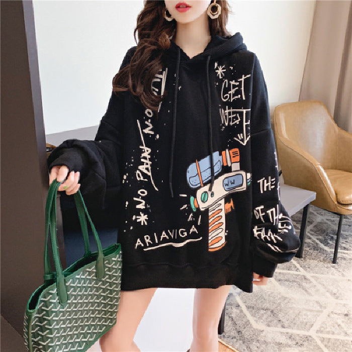 Relaxed Fit Graffiti Art Print Hooded Sweatshirt for Casual Streetwear