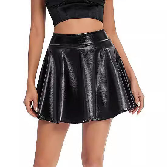 Fashionable High Waist Glossy Stretch Faux Leather Flare Mini Skirt