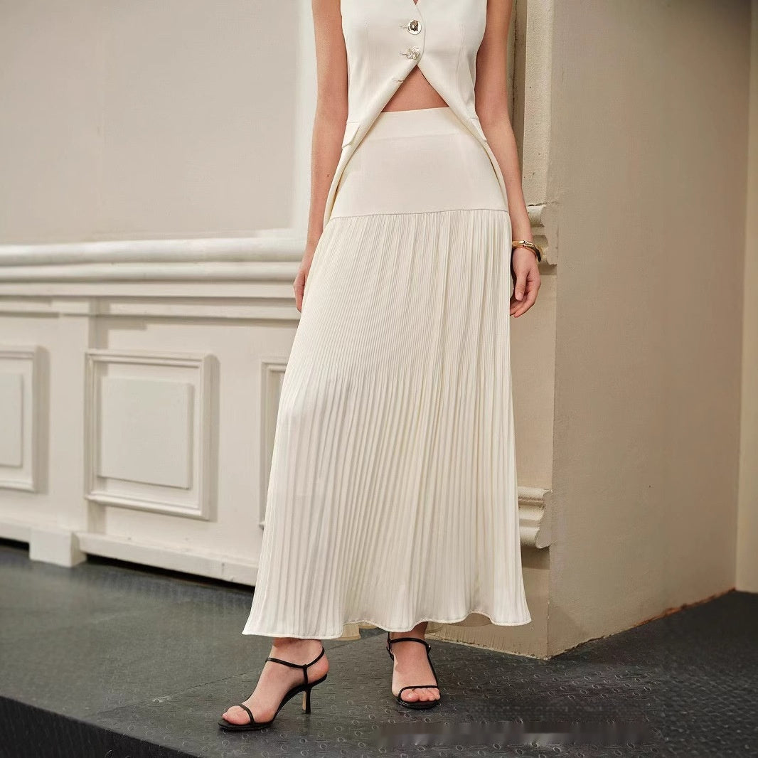Elegant Flowy Pleated Maxi Skirt in Pristine White Solid Color