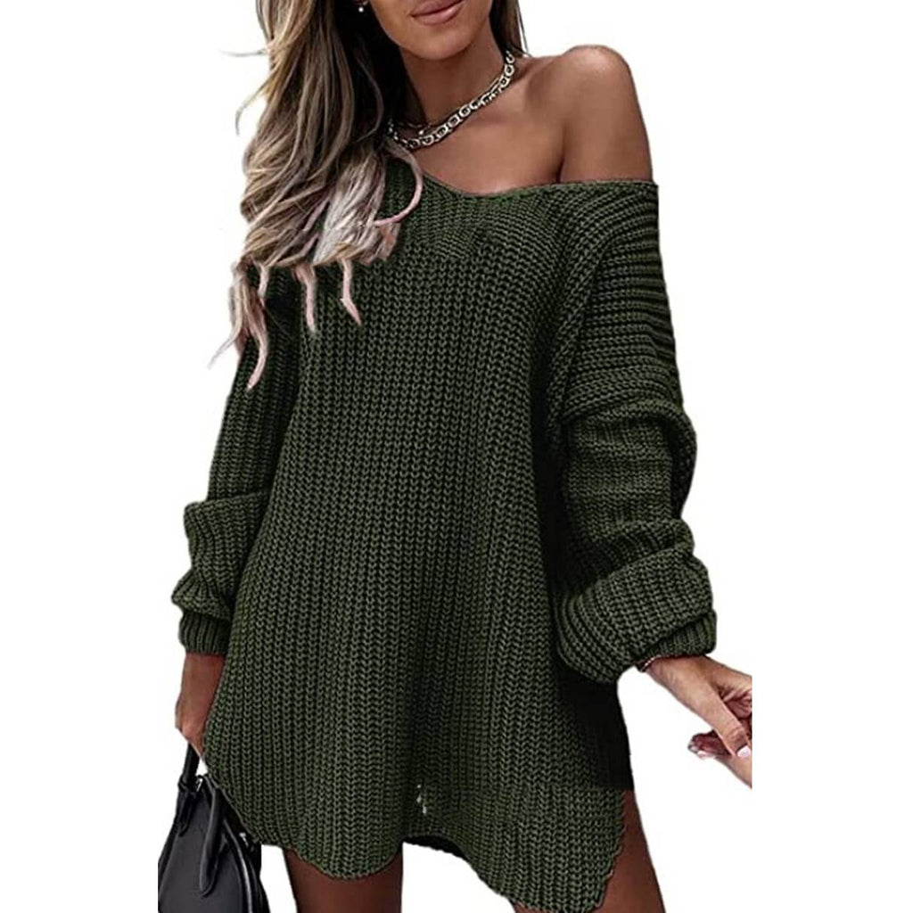 Comfortable Off-Shoulder Knitted Sweater Dress with Long Sleeves and V-Neck