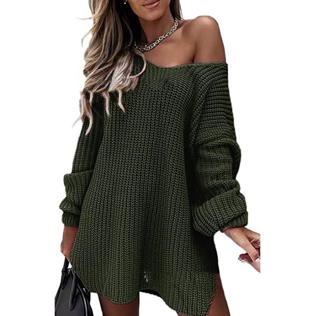 Comfortable Off-Shoulder Knitted Sweater Dress with Long Sleeves and V-Neck