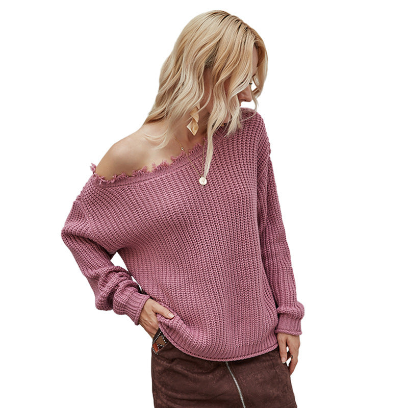 Chunky Knit Loose Fit Off Shoulder Pullover Sweater with Distressed Detail