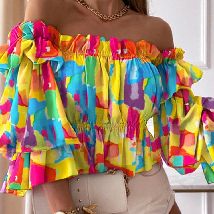 Chic Floral Off-Shoulder Blouse with Ruffled Long Sleeves
