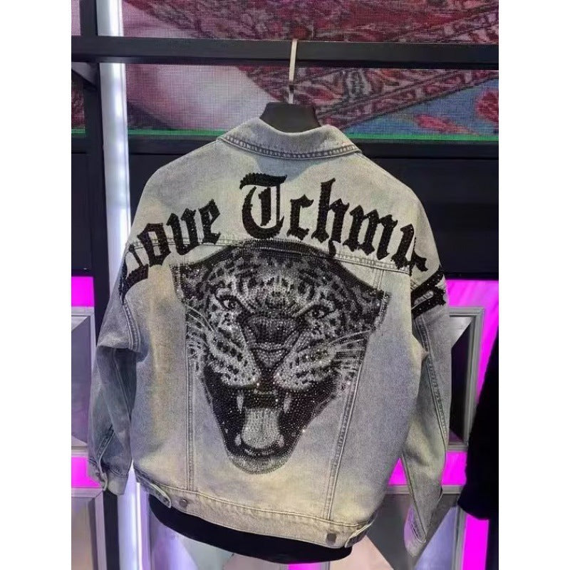 Street Style Oversized Denim Jacket with Rhinestone Lettering and Distressed Finish