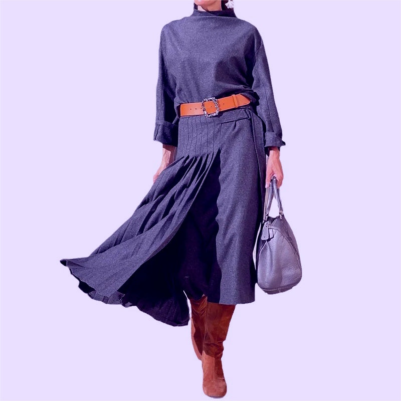 Elegant Long Sleeve Belted Pleated Midi Dress