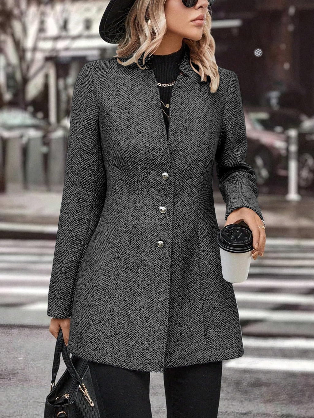 Chic Women's Long Sleeve Stand Collar Wool Blend Trench Coat