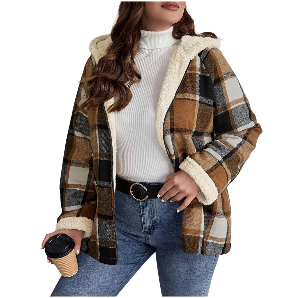 Cozy Plaid Fleece Lined Hooded Jacket Warm Checkered Outerwear for Everyday Comfort