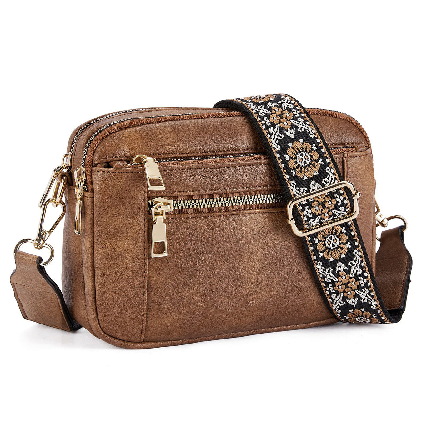 Chic Triple-Zipper Crossbody Bag with Floral Strap - Multi-functional