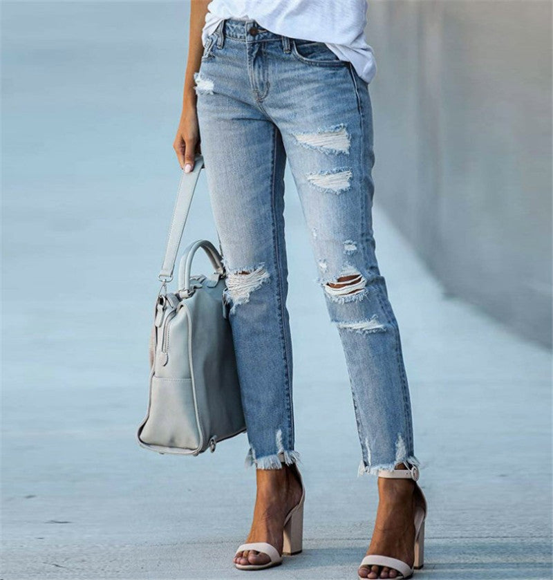Women's Distressed High-Waist Ripped Jeans with Frayed Hem