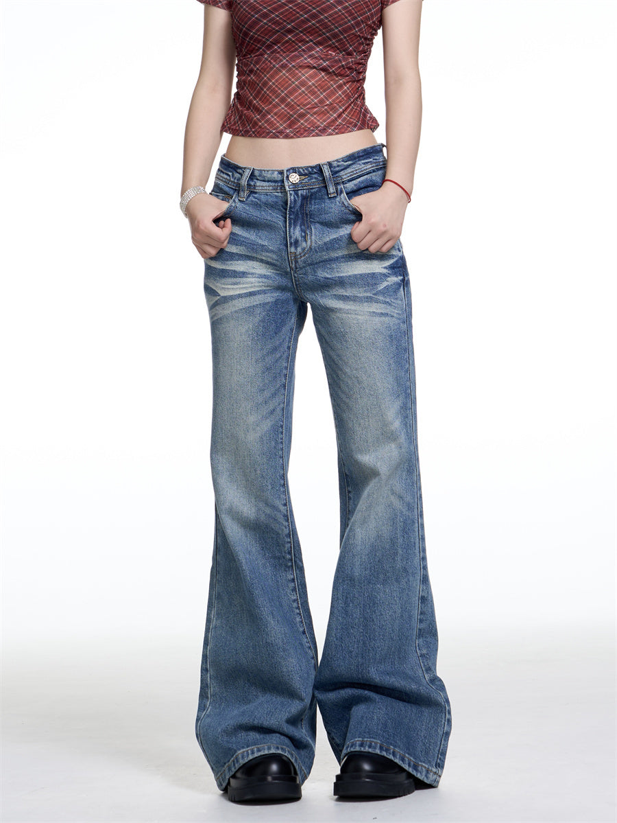 Retro Washed Wide Leg Jeans - Low Rise Denim for Women