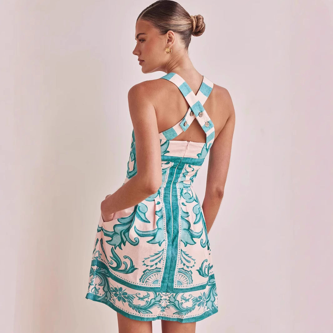 Vibrant Floral Printed Suspender Mini Dress for Summer