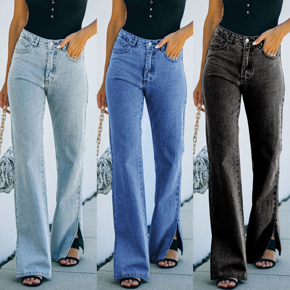 High-Waist Washed Straight Leg Jeans for Women