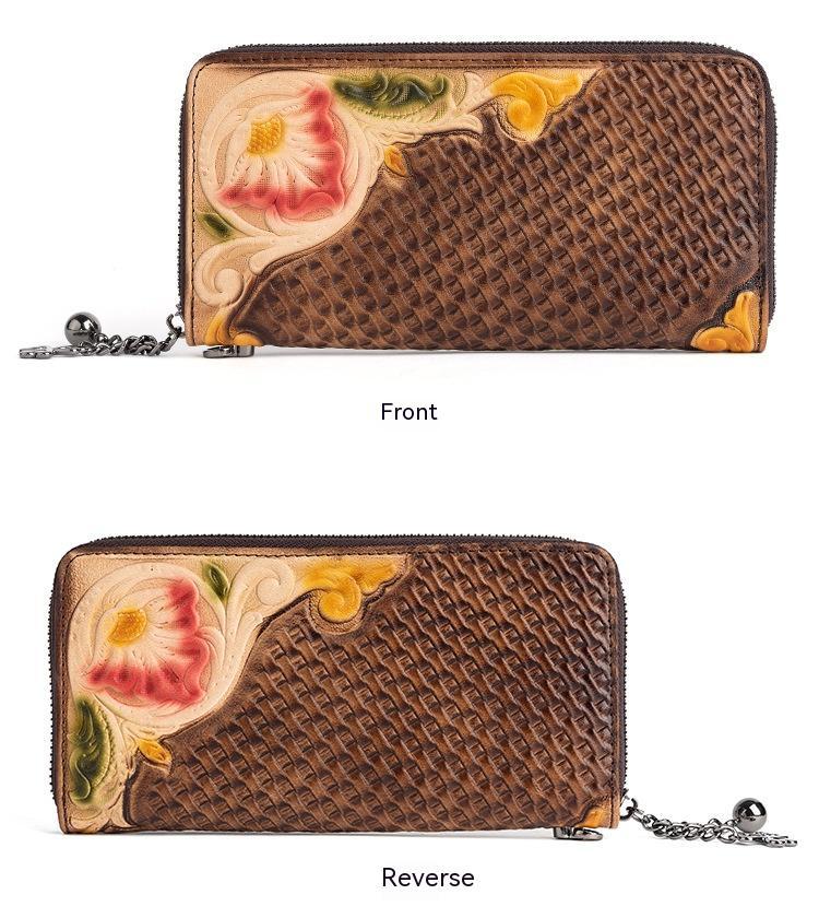 Artisan Crafted Floral Embossed Top Layer Leather Clutch Wallet with Wrist Strap