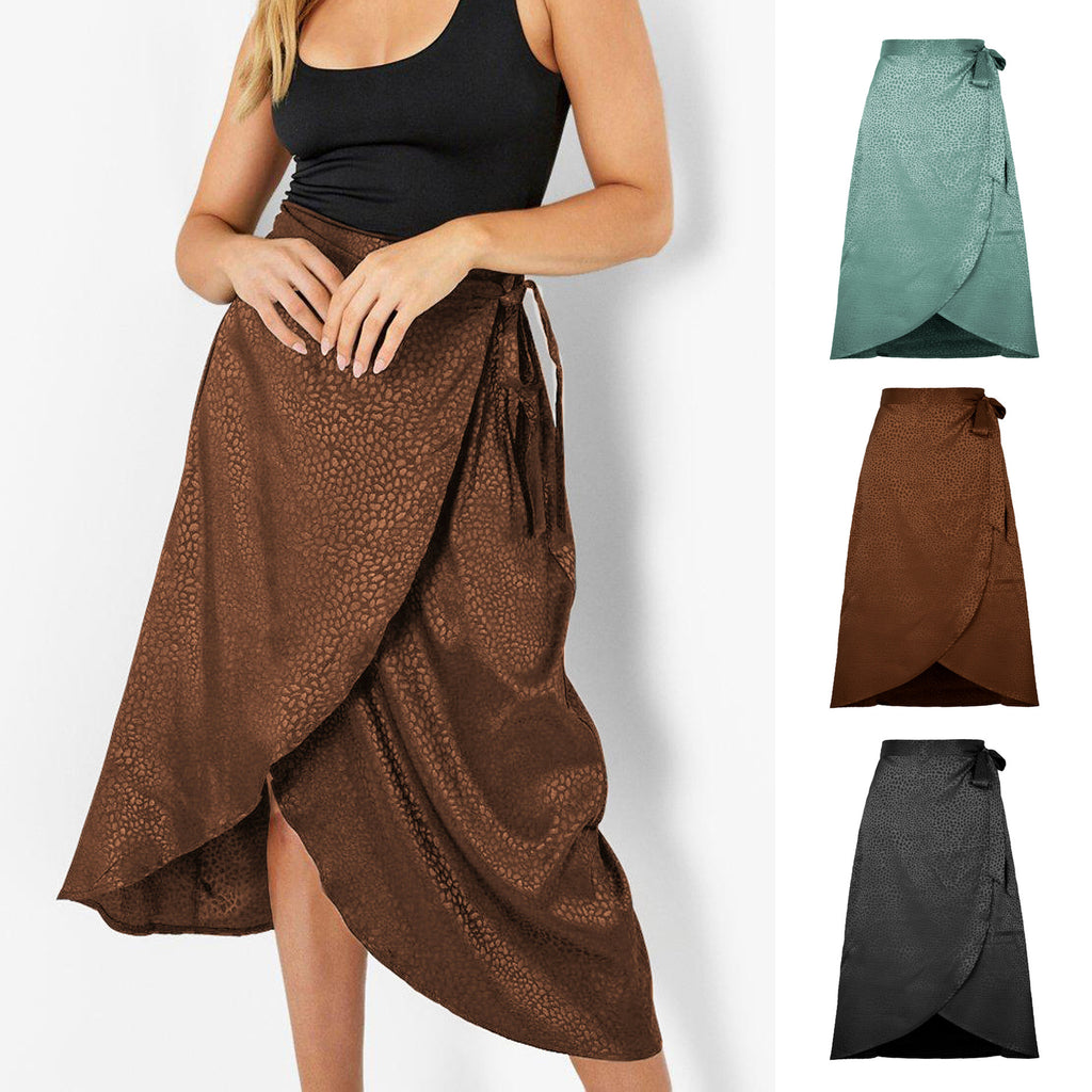 Elegant Jacquard High Waist Wrap Midi Skirt with Tie Detail